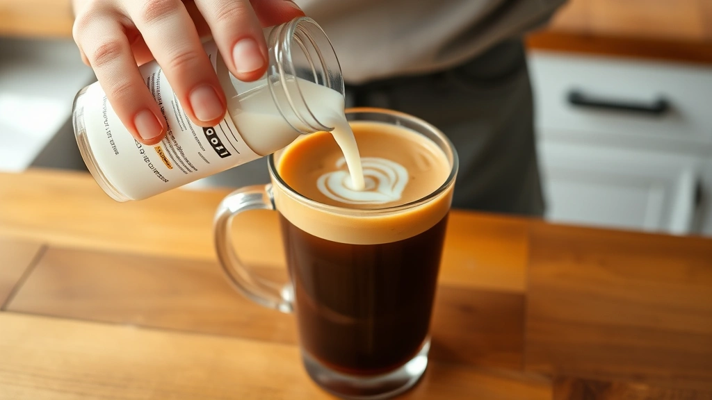Person pouring unsweetened almond milk into freshly brewed coffee, creating a smooth latte, wooden kitchen counter background, warm natural lighting, healthy beverage preparation