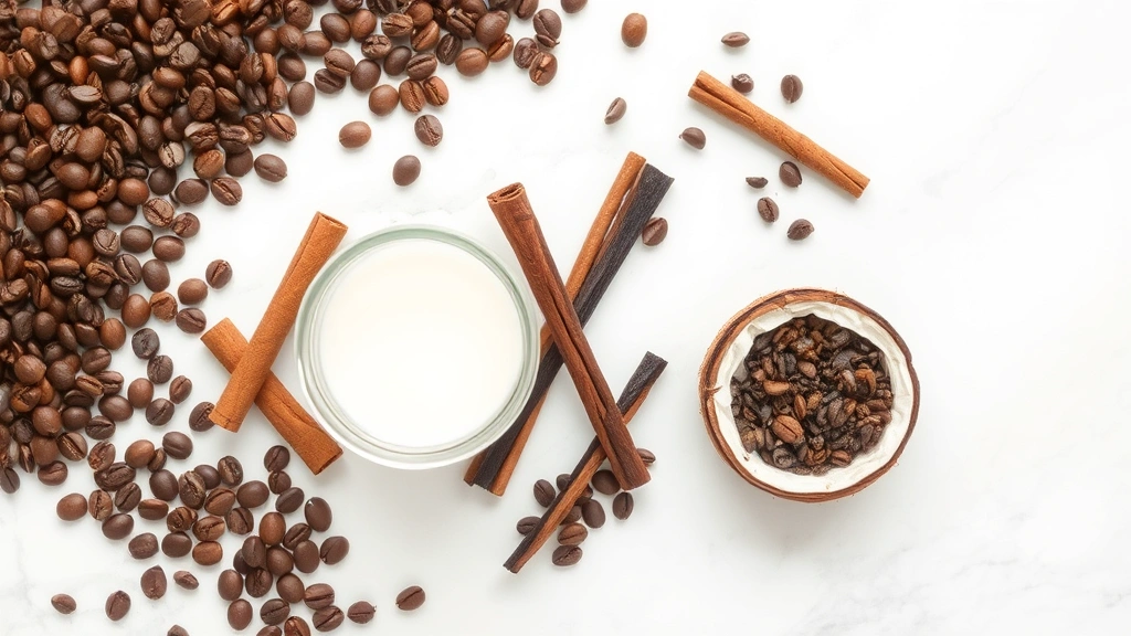 Flat lay composition of coffee beans, cinnamon stick, vanilla pod, and coconut oil in glass jar arranged on marble surface, bright daylight, clean wellness photography style