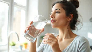 A woman drinking a large glass of fresh water in a bright, modern kitchen, appearing refreshed and healthy, natural sunlight streaming through windows, emphasizing hydration for wellness