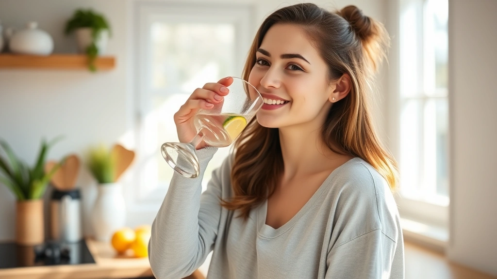 Woman drinking fresh water from glass in bright kitchen, smiling, healthy lifestyle, natural morning light, wellness focus, no text