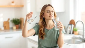Woman drinking fresh water at kitchen counter, holding glass, healthy hydration, natural morning light, peaceful expression, wellness focused