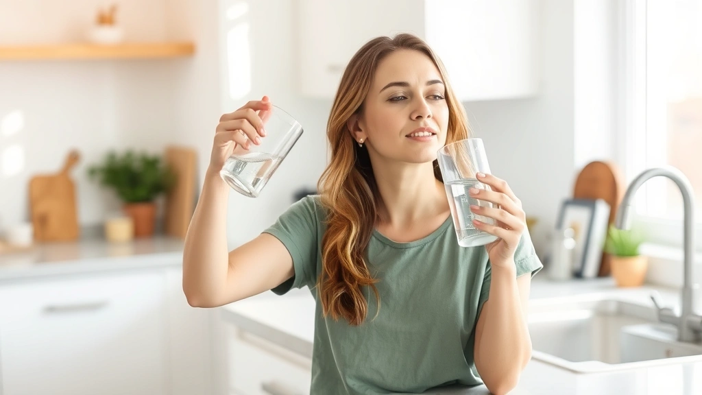 Woman drinking fresh water at kitchen counter, holding glass, healthy hydration, natural morning light, peaceful expression, wellness focused