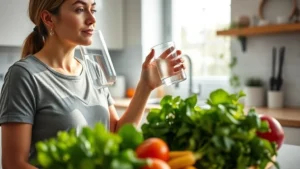 Person drinking fresh water from a glass in a bright, clean kitchen with fresh vegetables on the counter, healthy lifestyle, natural lighting, wellness focus
