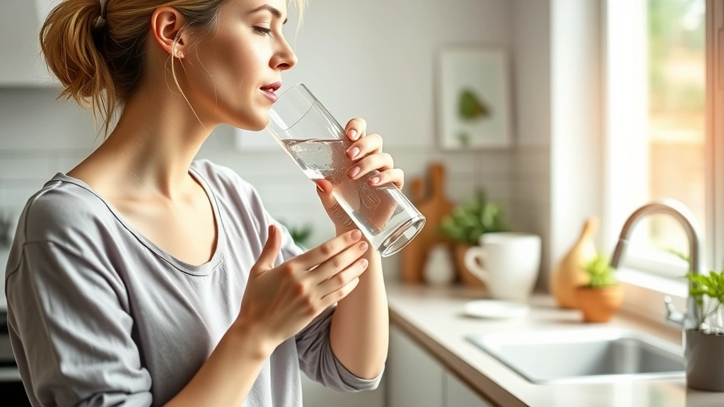Woman drinking fresh water at home, bright kitchen, natural morning light, healthy wellness lifestyle, clear glass of water