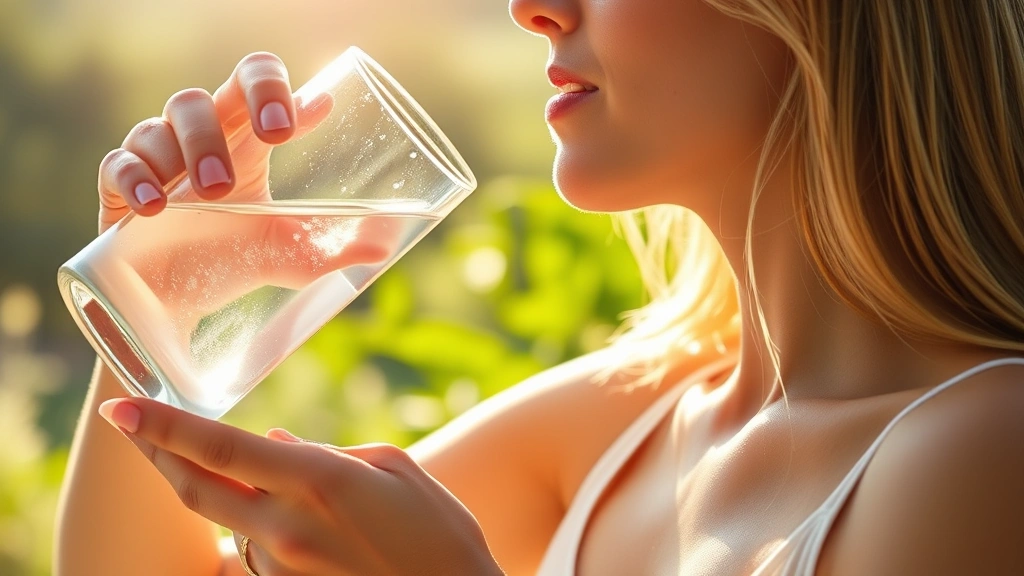Woman drinking fresh water from a glass in bright morning sunlight, healthy hydration concept, photorealistic, wellness setting