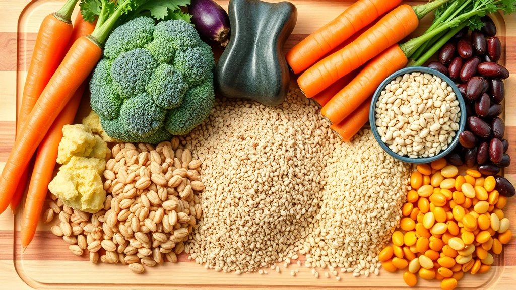Colorful fresh vegetables and whole grains arranged on a wooden cutting board, including broccoli, carrots, quinoa, and legumes, representing fiber-rich foods for digestive health