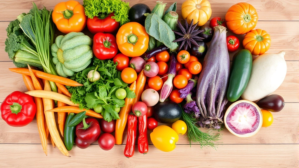 Colorful fresh vegetables and fruits arranged on wooden table, vibrant salad ingredients, whole foods, nutritious meal components, no text or labels