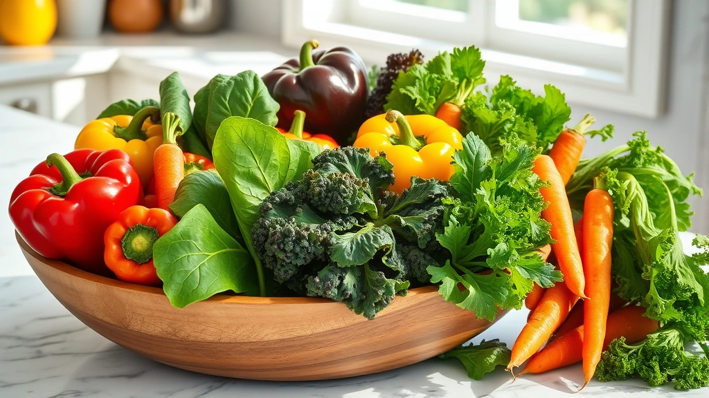 Colorful fresh vegetables in wooden bowl on marble countertop, leafy greens spinach kale bell peppers carrots, sunlight streaming, appetizing arrangement
