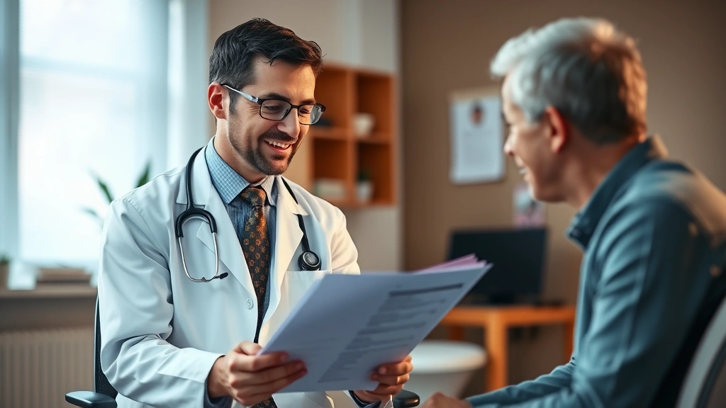 Doctor in white coat reviewing health chart with patient in clinical office, professional medical consultation, caring healthcare provider, warm lighting