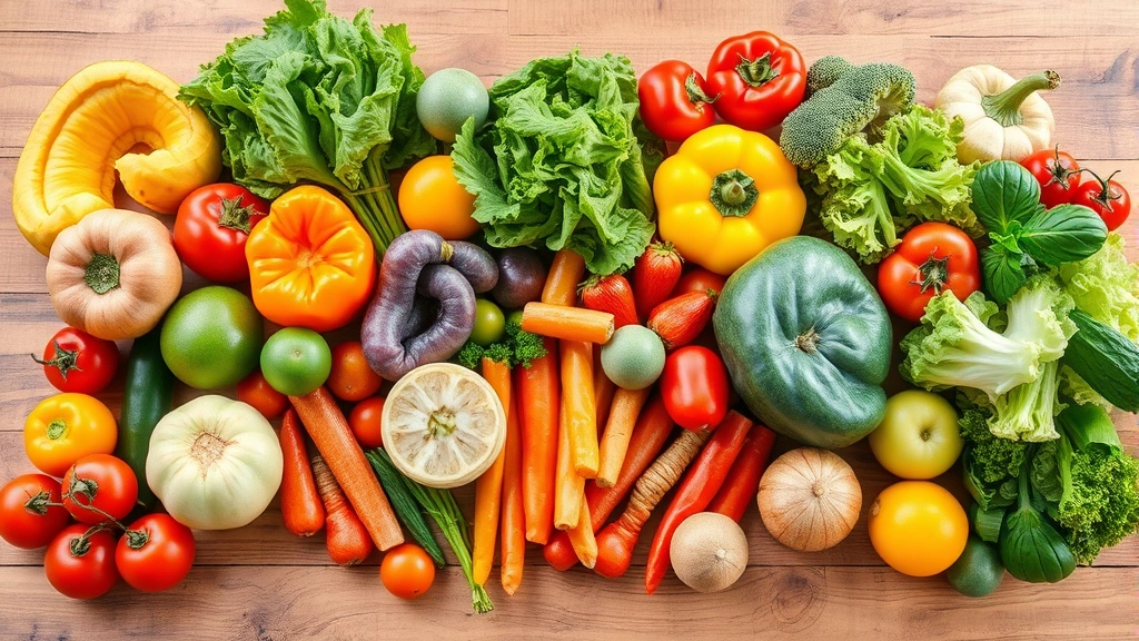 Colorful array of fresh vegetables and fruits on wooden table, Mediterranean diet style, natural lighting, health-focused composition