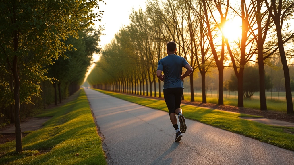 Person jogging outdoors on tree-lined path at sunrise, athletic movement, healthy exercise, natural environment, no text or graphics