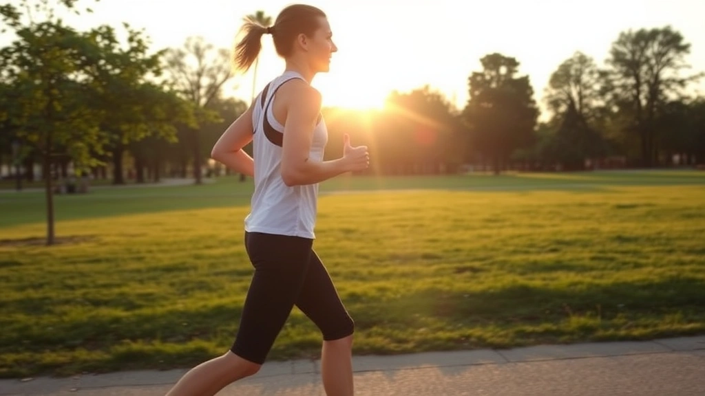 Person jogging outdoors in park during sunrise, athletic wear, natural scenery, healthy active lifestyle, motion and wellness focus