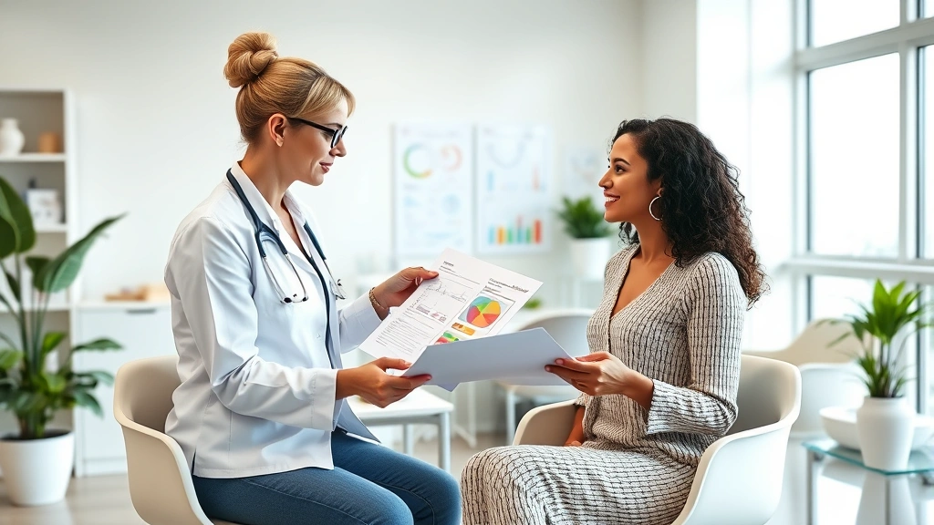A registered dietitian consulting with a client in a bright, modern clinic office, reviewing nutritional plans and health charts, representing professional guidance for evidence-based weight management
