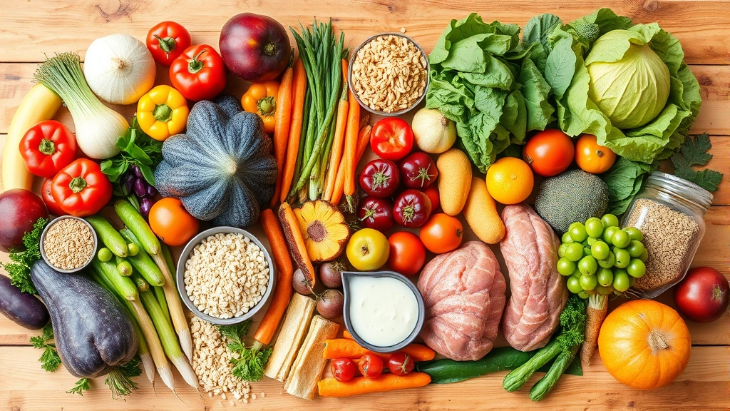 Colorful array of fresh vegetables, fruits, whole grains, and lean proteins arranged on a wooden table, balanced nutrition, whole foods, vibrant natural colors