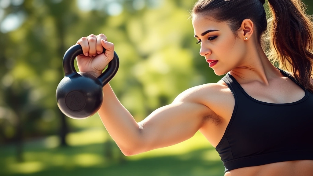 Athletic woman performing kettlebell swing in outdoor park setting with natural sunlight, dynamic movement captured mid-swing, wearing professional fitness attire, focused determined expression, natural green background