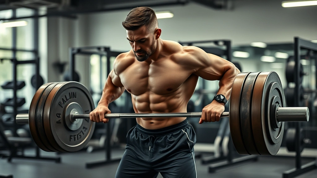 Strong male athlete performing deadlift with perfect form in modern gym environment, muscular definition visible, intense focused expression, proper spinal alignment, professional training setup with weights