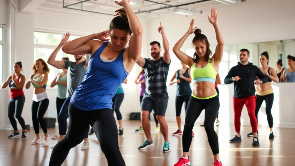 Group fitness class performing burpees and compound movements together in bright studio, diverse participants of various fitness levels, energetic atmosphere, motivational environment, proper form demonstration