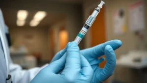 Close-up of a healthcare professional's hands holding a semaglutide injection pen with a blurred medical office background, showing proper injection device handling and preparation for weekly administration