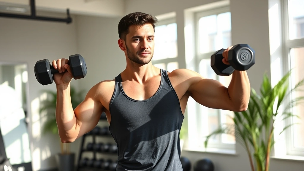 Fit person performing strength training with dumbbells in bright home gym, proper form, confident posture, natural daylight from windows, clean minimalist space