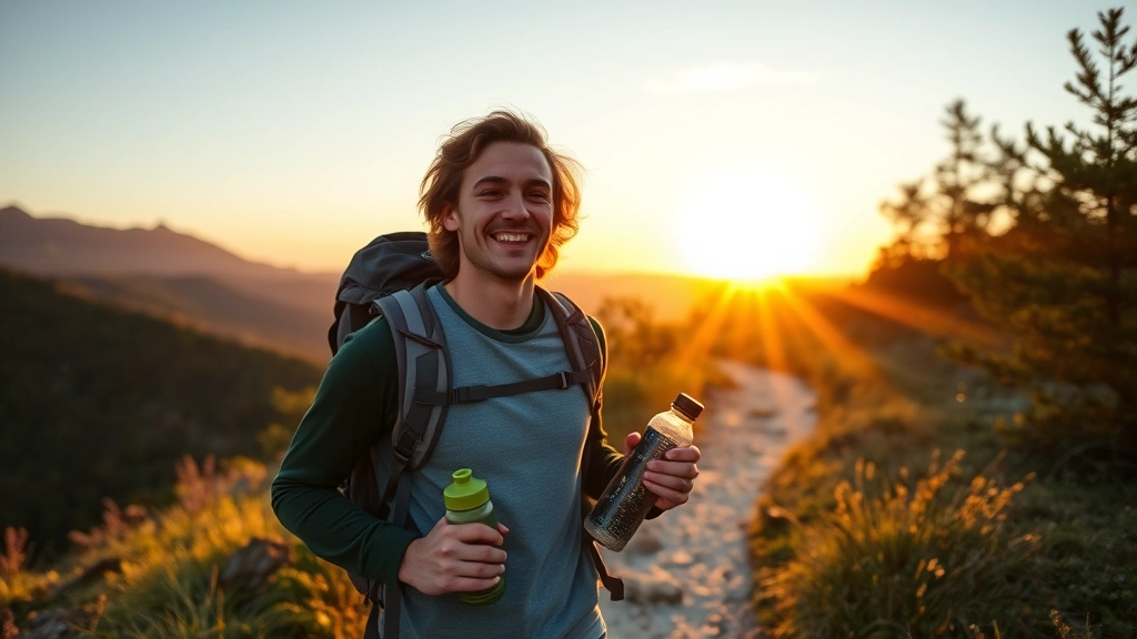 Young adult hiking outdoors on scenic trail during golden hour, smiling with water bottle, showing outdoor activity and active lifestyle in nature, peaceful expression