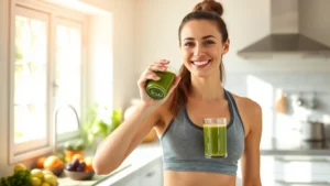 Woman in athletic wear smiling while drinking green smoothie in bright kitchen, natural sunlight streaming through windows, healthy lifestyle setting