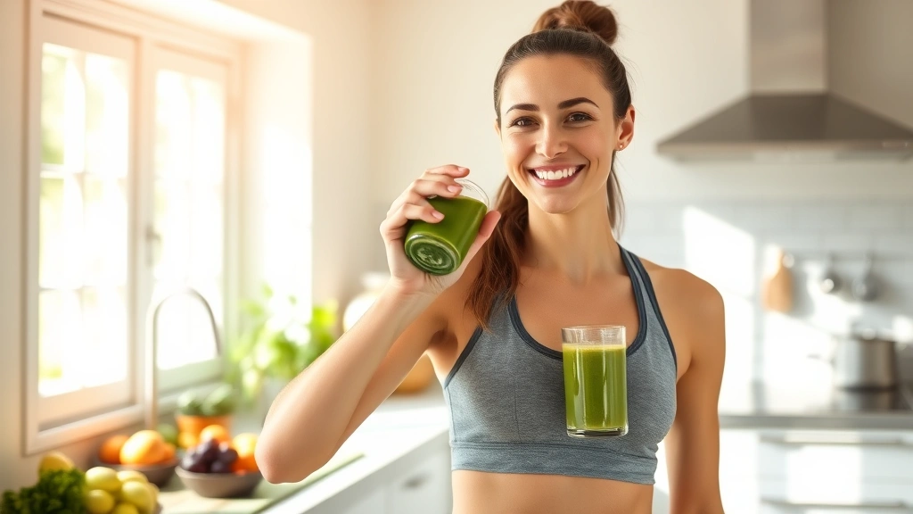 Woman in athletic wear smiling while drinking green smoothie in bright kitchen, natural sunlight streaming through windows, healthy lifestyle setting