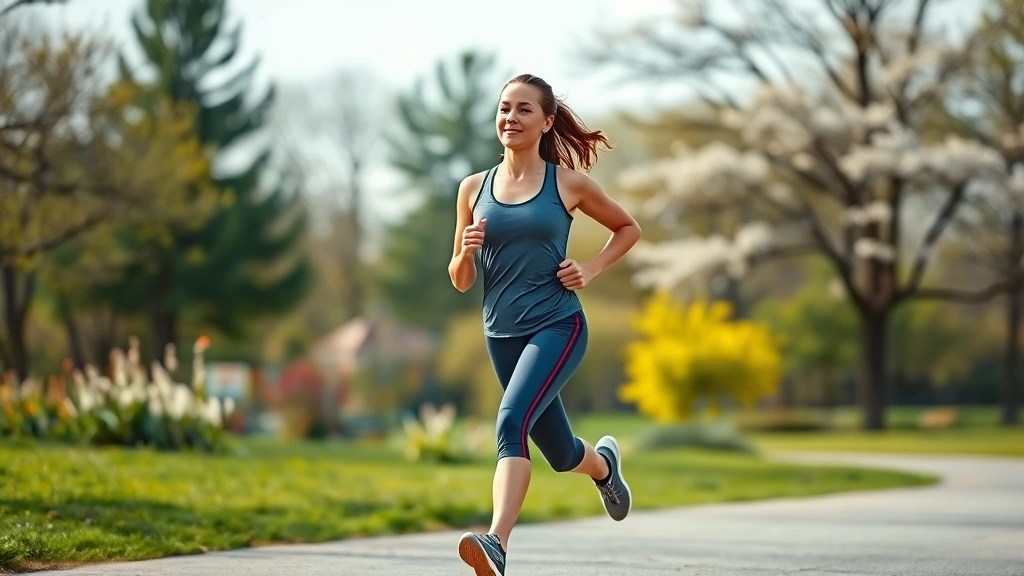 Female runner jogging through park with trees and flowers, athletic build, confident expression, morning exercise scene with natural lighting
