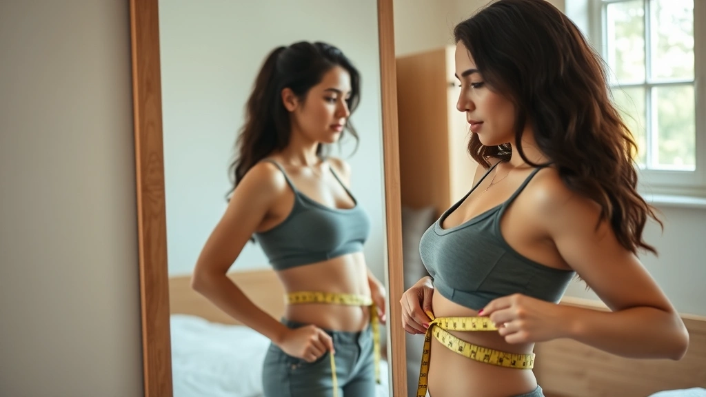 Young woman measuring waist with measuring tape, standing in bedroom mirror, focused expression, health tracking moment, natural window lighting