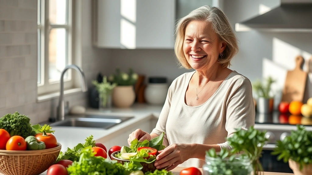 Middle-aged woman smiling while preparing healthy salad with fresh vegetables in bright, modern kitchen, natural sunlight, realistic photography, wellness focused