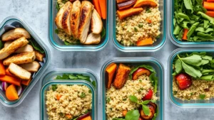 Overhead view of colorful healthy meal prep containers with grilled chicken, roasted vegetables, quinoa, and fresh greens arranged for the week