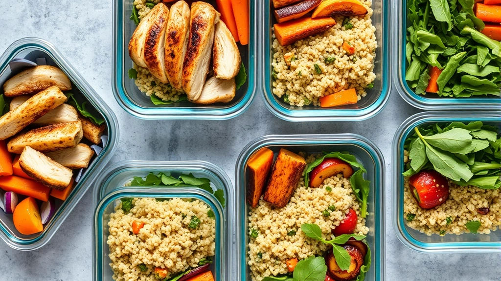 Overhead view of colorful healthy meal prep containers with grilled chicken, roasted vegetables, quinoa, and fresh greens arranged for the week