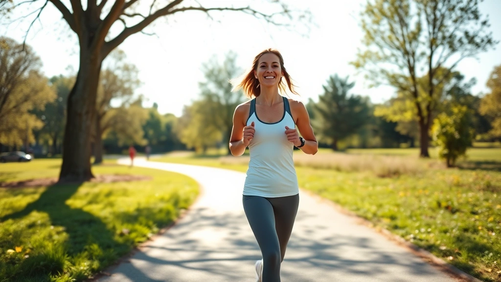 Woman jogging through a scenic park pathway on a sunny morning, smiling and energized, wearing comfortable athletic wear
