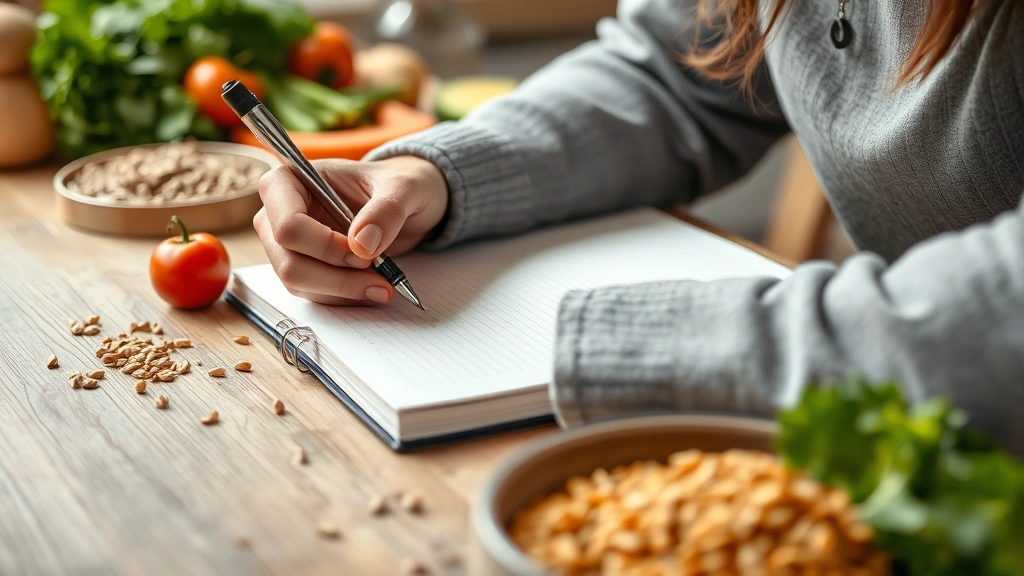 Close-up of someone writing in a food journal at a kitchen table with healthy ingredients like fresh vegetables and whole grains visible in the background
