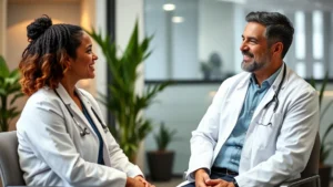 Professional healthcare consultation meeting: diverse female doctor in white coat speaking with middle-aged male patient in modern clinic office, warm lighting, both smiling, modern medical setting with plants