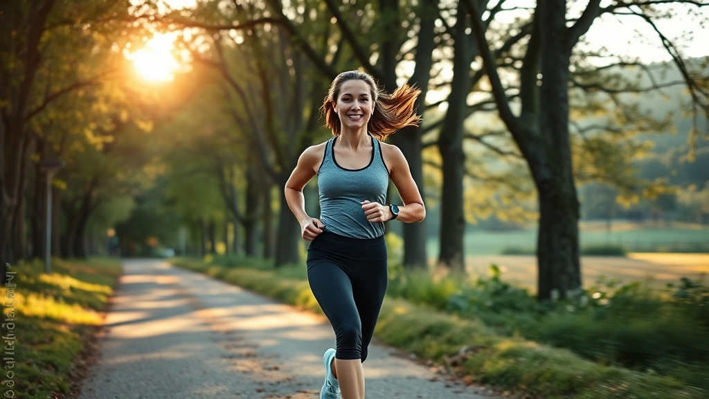 Active healthy lifestyle scene: woman jogging outdoors on tree-lined path, morning sunlight, athletic wear, confident expression, natural landscape background, motion captured