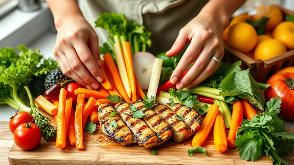Colorful fresh produce and healthy meal preparation: hands arranging vibrant vegetables, fruits, and grilled chicken on wooden cutting board, natural kitchen lighting, inviting and fresh appearance