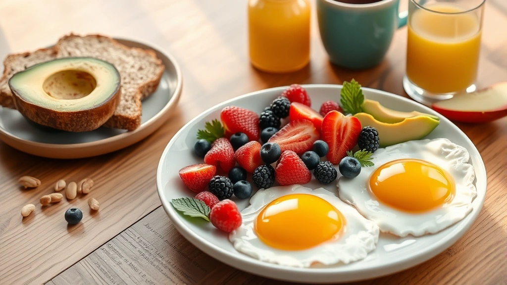 Colorful breakfast spread with eggs, whole grain toast, fresh berries, avocado, and nuts on a wooden table, natural morning light