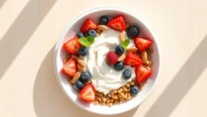 Overhead view of a colorful cottage cheese breakfast bowl with fresh berries, granola, and almonds on a white plate against a light wooden table, natural morning sunlight