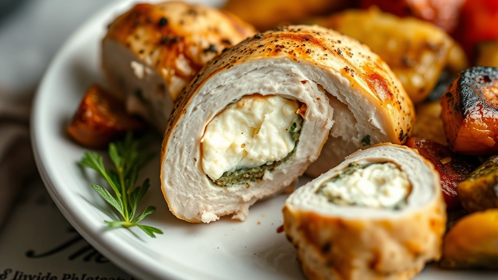Close-up of cottage cheese-stuffed chicken breast sliced to show creamy filling, served with roasted vegetables on a white ceramic plate, professional food photography