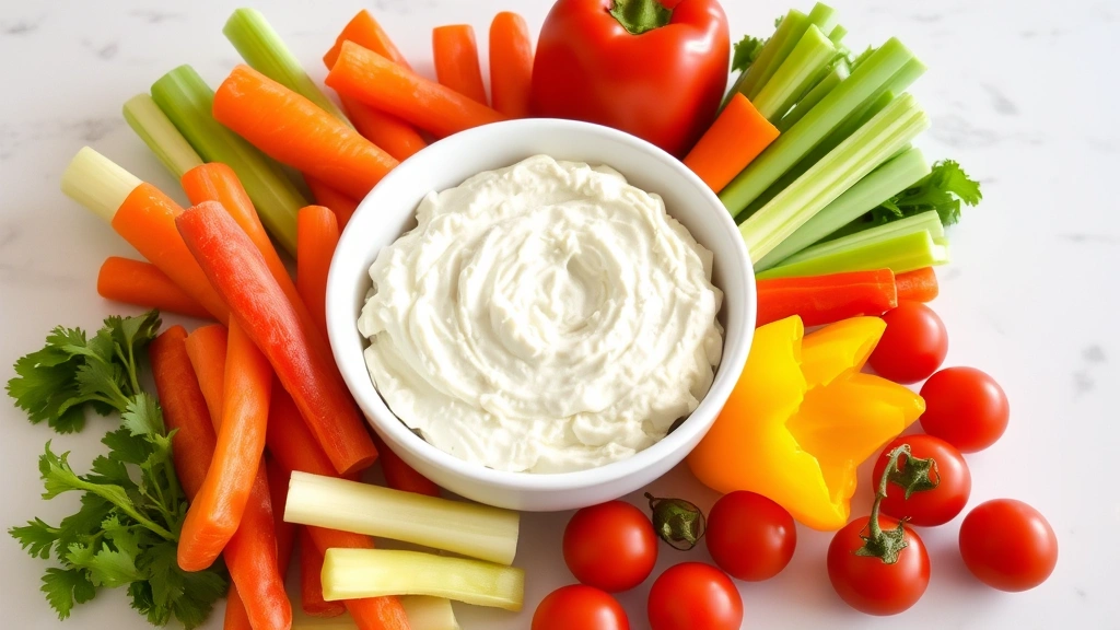 Cottage cheese dip in a white bowl surrounded by fresh raw vegetables including carrots, celery, bell peppers, and cherry tomatoes on a clean kitchen counter