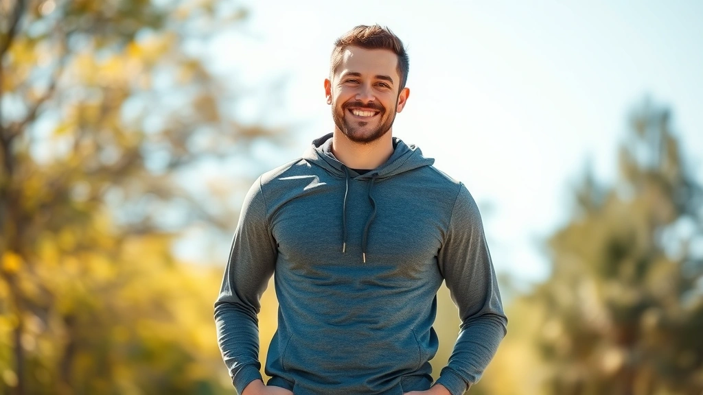 A fit male actor in casual athletic wear smiling confidently outdoors in natural sunlight, representing health and wellness achievement