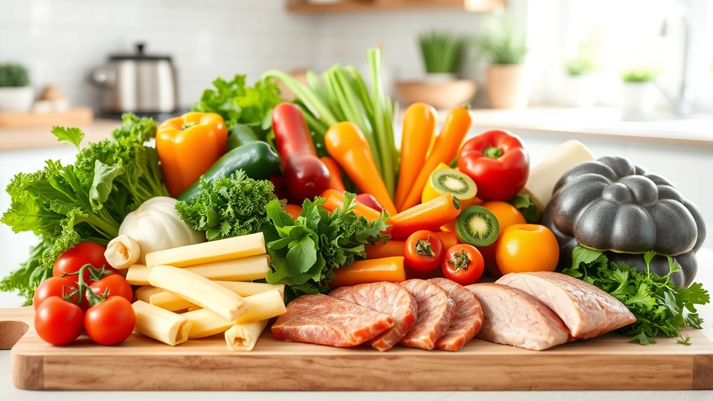 Fresh colorful vegetables and lean proteins arranged on a wooden cutting board in a bright kitchen, symbolizing nutritious whole food choices