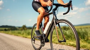 Athletic cyclist in padded shorts riding road bike on smooth asphalt path surrounded by green landscape and blue sky, showing proper aerodynamic form and muscular leg engagement