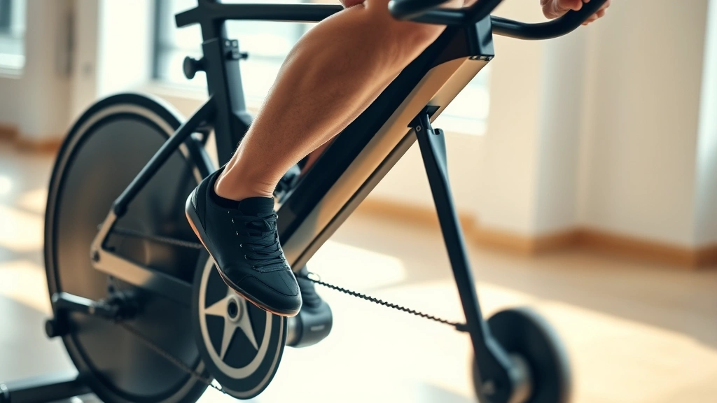 Close-up of cyclist's legs and pedals during intense effort on stationary bike in bright gym setting, sweat visible, demonstrating powerful pedal stroke and muscle engagement