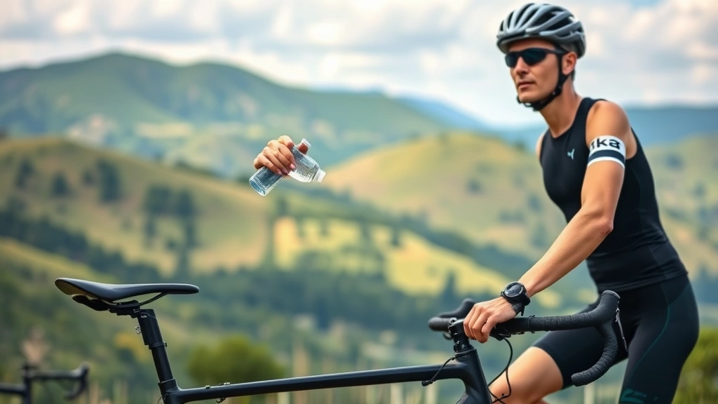 Fit cyclist taking water break during outdoor ride, holding water bottle with scenic hills in background, showing recovery and hydration importance for performance