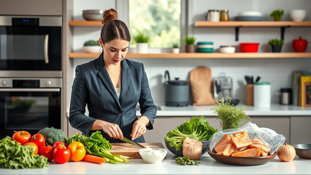 Professional woman in business attire preparing fresh vegetables and lean proteins in a modern kitchen, focused and organized meal preparation setup, natural lighting, healthy ingredients visible