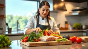 Professional female chef in modern kitchen preparing colorful fresh vegetables and lean protein on a wooden cutting board, warm natural lighting, vibrant greens and reds, professional culinary setting