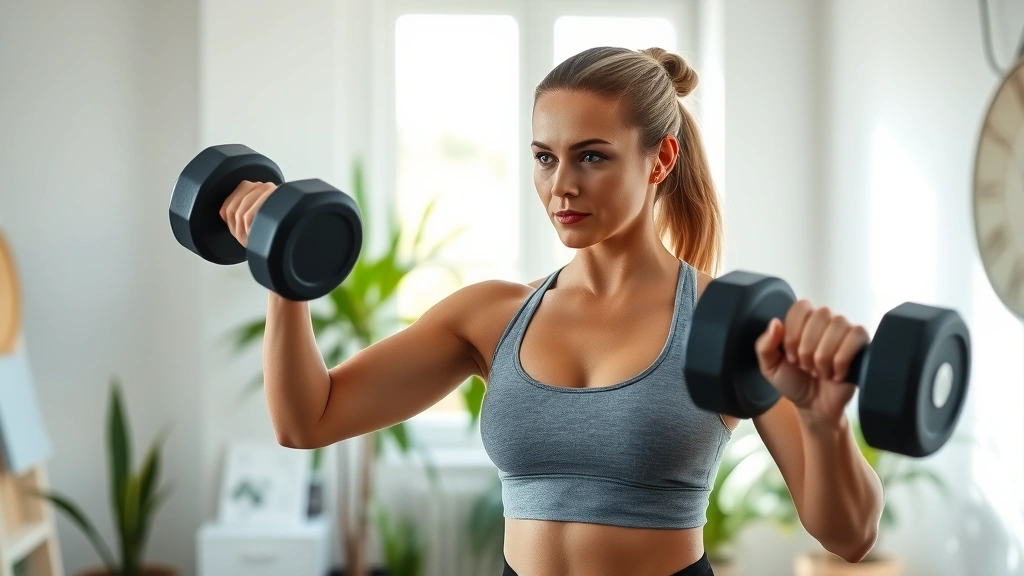 Woman doing strength training with dumbbells in bright home gym, natural window light, focused expression, clean minimalist space with plants, showing power and dedication