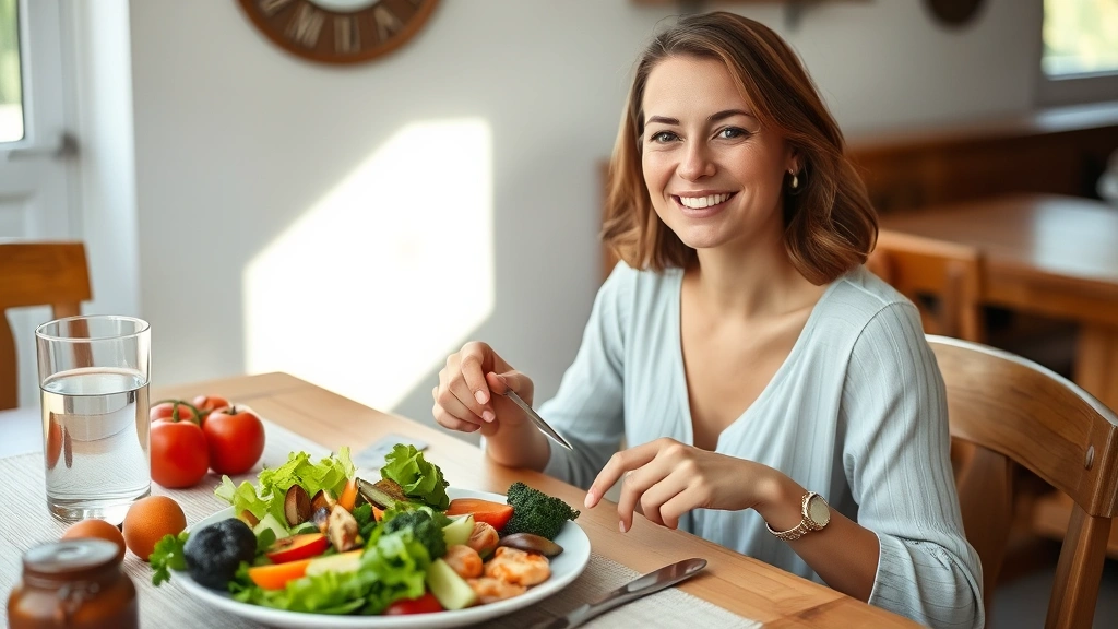 Woman enjoying a healthy meal at dining table with fresh whole foods, water glass nearby, peaceful expression, natural sunlight streaming in, colorful plate with vegetables and lean protein