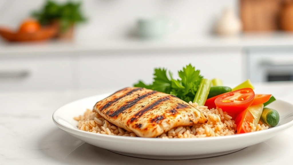 Prepared healthy meal with grilled chicken breast, brown rice, and fresh vegetables on white plate, clean kitchen background, nutritious food photography, wellness aesthetic